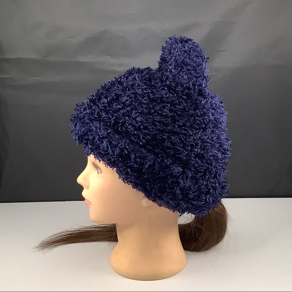 Vintage Womens Navy Blue Winter Shag Beanie OS - Picture 2 of 9